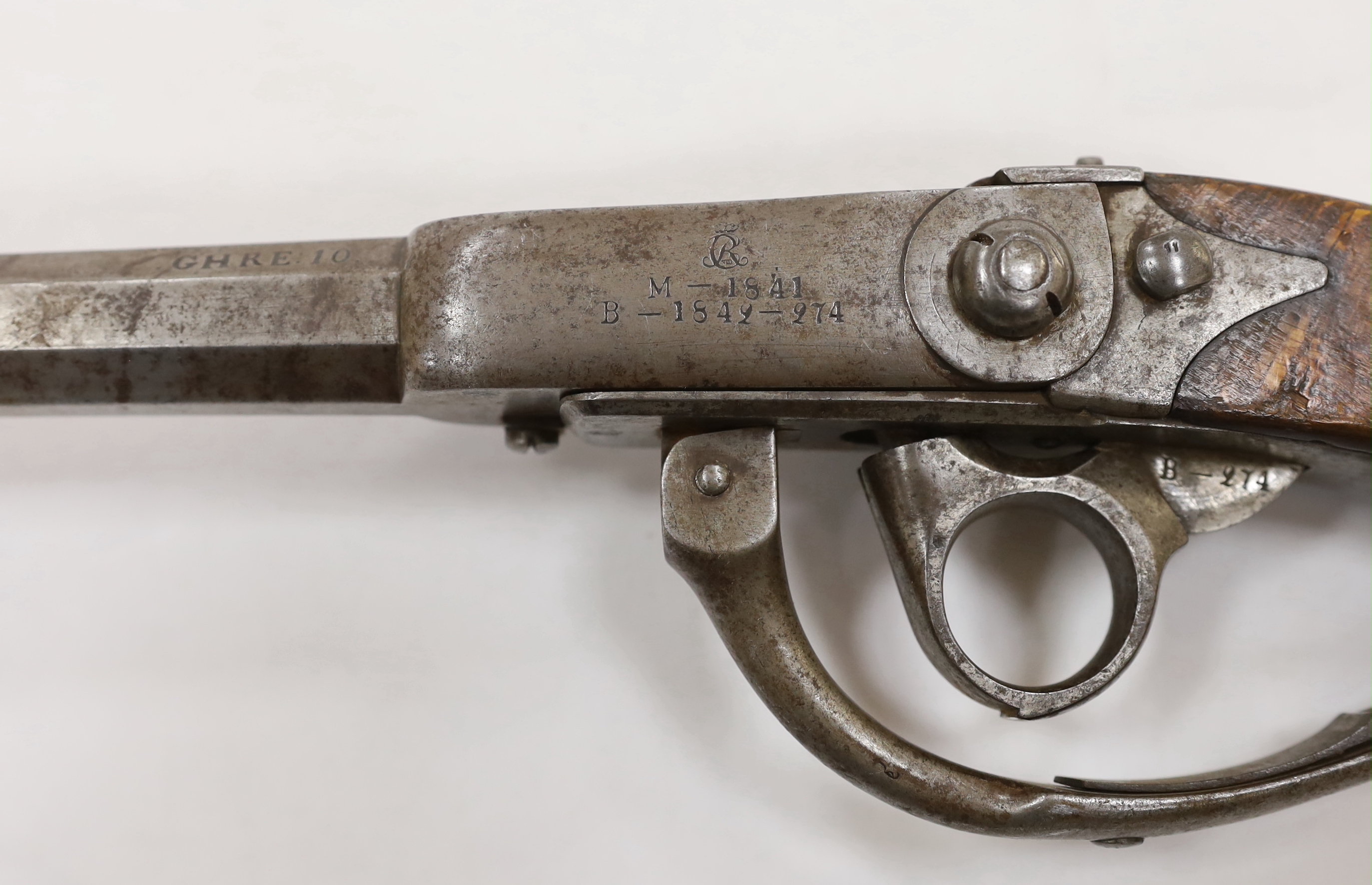 A Regulation Danish breech-loading, under hammer percussion military pistol, octagonal twist barrel, breach stamped B–274 barrel stamped GHRE:10 and cipher of Christian VIII of Denmark and stamped for model M-1841 and B-